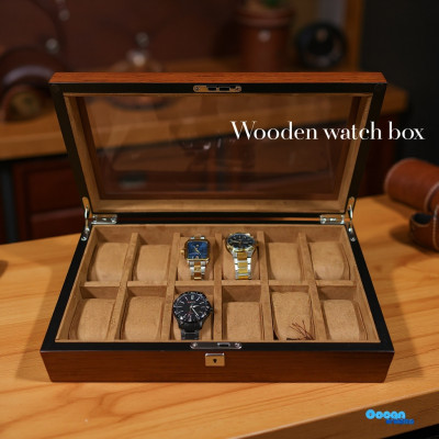 Classic Wooden Watch Box – 12-Slot Organizer with Glass Lid & Key Lock
