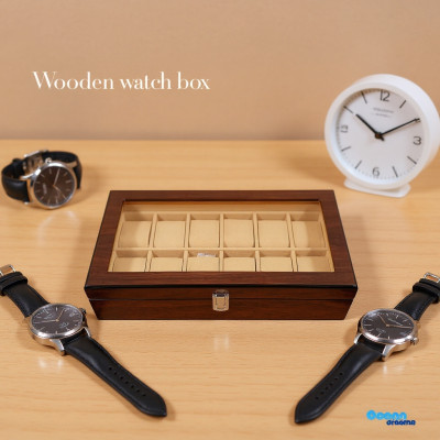 Coffee Wooden 12-Slot Watch Organizer Box with Glass Lid | Premium Watch Storage & Gift Case