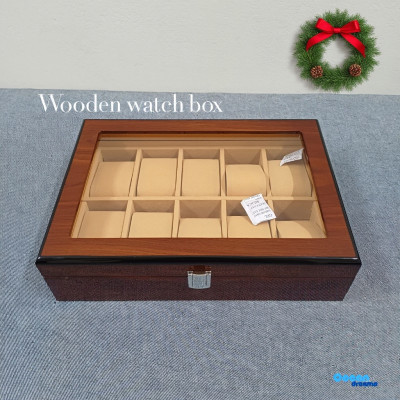 Coffee Wooden 10-Slot Watch Organizer Box with Glass Lid | Elegant Watch Storage Case