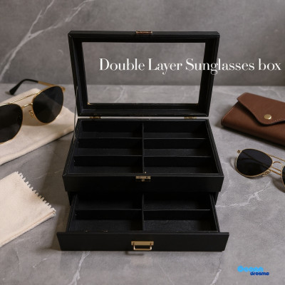 Premium Quality Black PU Leather Sunglass Box – 12 Slot Luxury Organizer with Key Lock