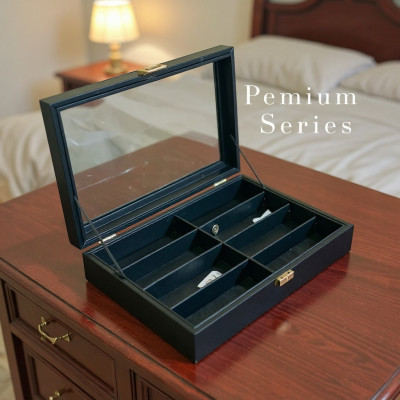 Premium Quality Full Black PU Leather Sunglass Box – 8 Slot Luxury Organizer with Key Lock
