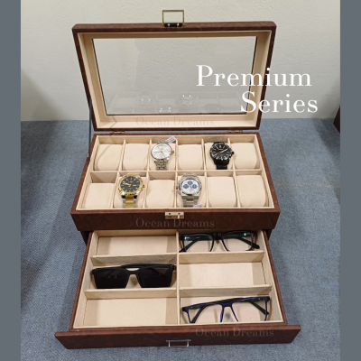 Premium Quality Brown PU Leather Watch & Sunglass Box – 12 Watch + 6 Sunglass Organizer with Key Lock