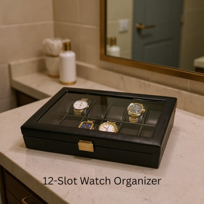 Premium Quality Full Black PU Leather Watch Box – 12 Slot Luxury Organizer with Key Lock