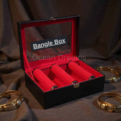 Premium 3 Roll Bangle Organizer Box – Velvet Interior & Glass Top (Red)