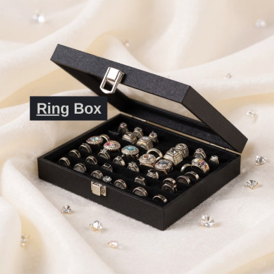 Premium 6 Slot Ring Storage Box with Glass Top | Black Color
