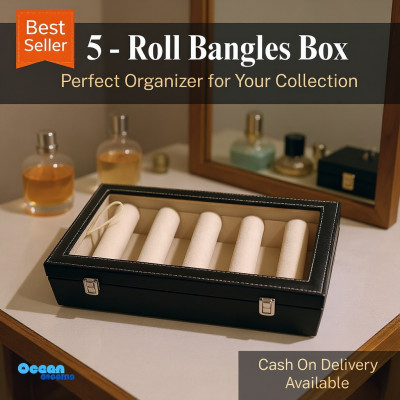 5 Roll Velvet Bangle Organizer Box with Glass Top | Cream Color