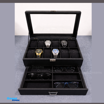 Premium Quality Black PU Leather Watch & Sunglass Box – 12 Watch + 6 Sunglass Organizer with Key Lock