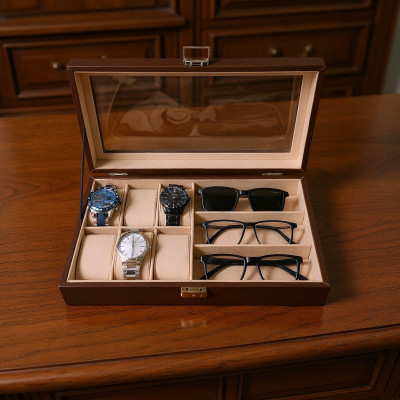 Premium Quality Brown PU Leather Watch & Sunglass Box – 6 Watch + 3 Sunglass Organizer with Key Lock