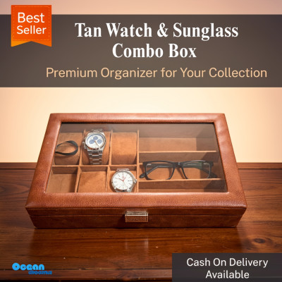 Premium Quality Tan PU Leather Watch & Sunglass Box – 6 Watch + 3 Sunglass Organizer with Key Lock