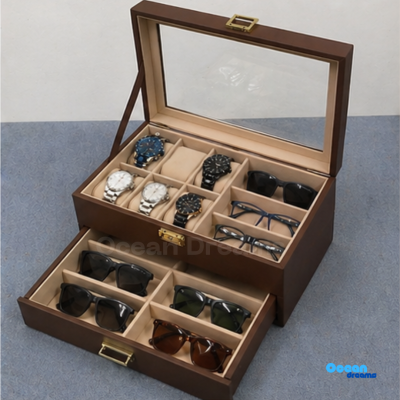 Premium Quality Brown PU Leather Watch & Sunglass Box – 9 Sunglass + 6 Watch Organizer with Key Lock