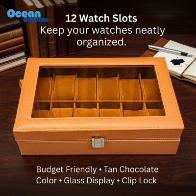 Regular 12 Slot Watch Box – Tan Brown | Glass Top Display Case