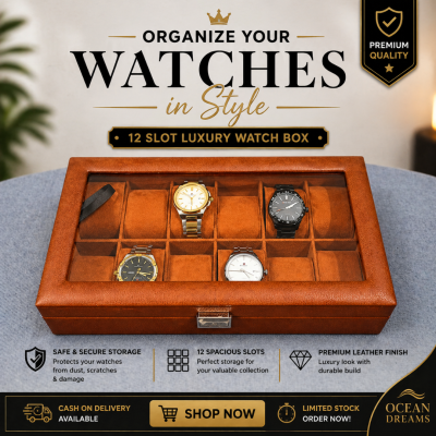 Premium Quality Tan PU Leather Watch Box – 12 Slot Luxury Organizer with Key Lock