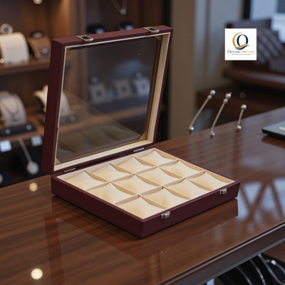 Premium 12 Slot Square Watch Box – Wine Red | Wooden Frame Glass Display Case