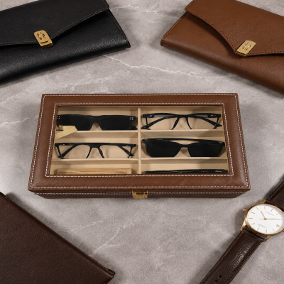 Pu Leather Sunglasses Display Box - 6 slot - Brown Color