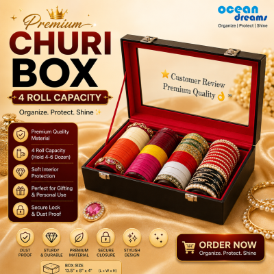 Premium 4 Roll Bangle Organizer Box – Velvet Interior & Glass Top (Red)