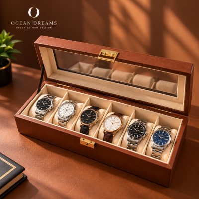 Premium Quality Brown PU Leather Watch Box – 6 Slot Luxury Organizer with Key Lock
